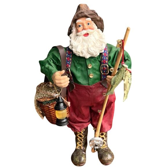 Unbranded Other - Vtg Fabric Mache Christmas Santa Claus 11” Figurine Fly Fishing Pole Clothtique